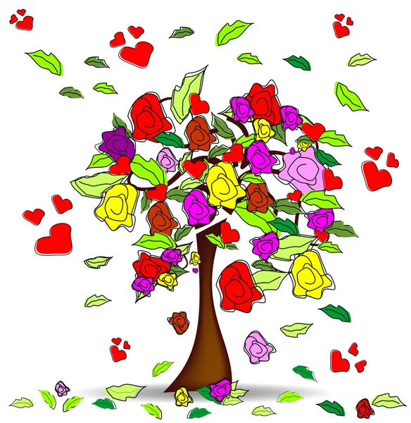 Árvore com rosas e corações — Vetor de Stock