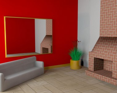 Room with fireplace and sofa clipart