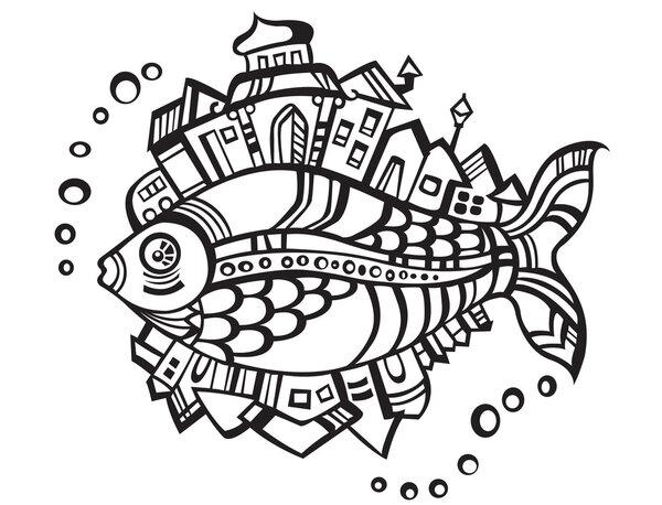 Fantastic fish-city, logo isolated on white background