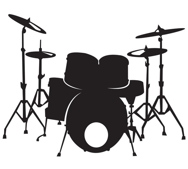 Черный силуэт барабанного набора, изолированный на белом фоне
