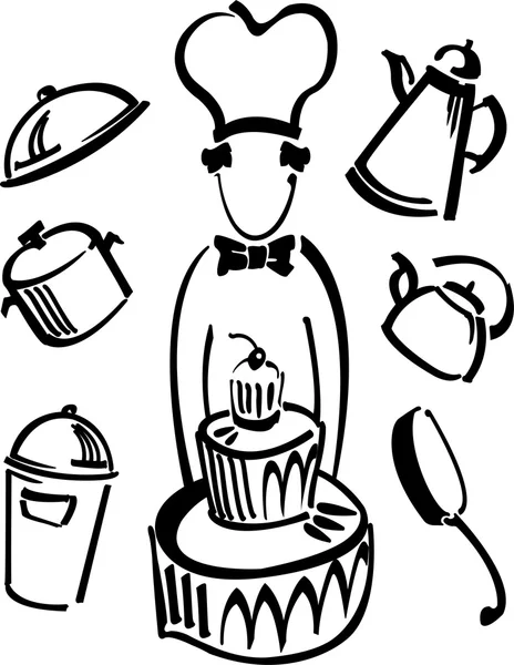 stock vector Cartoon cook with a big cake and set of utensil