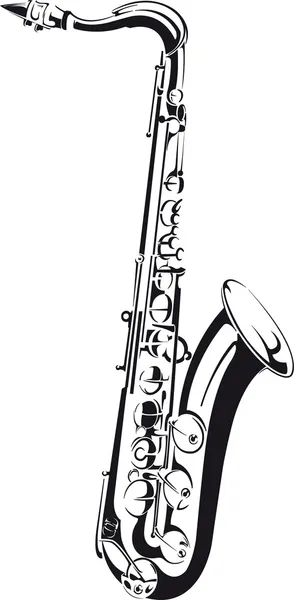 Linje ritning av en saxofon, isolerad på bakgrunden Stockillustration