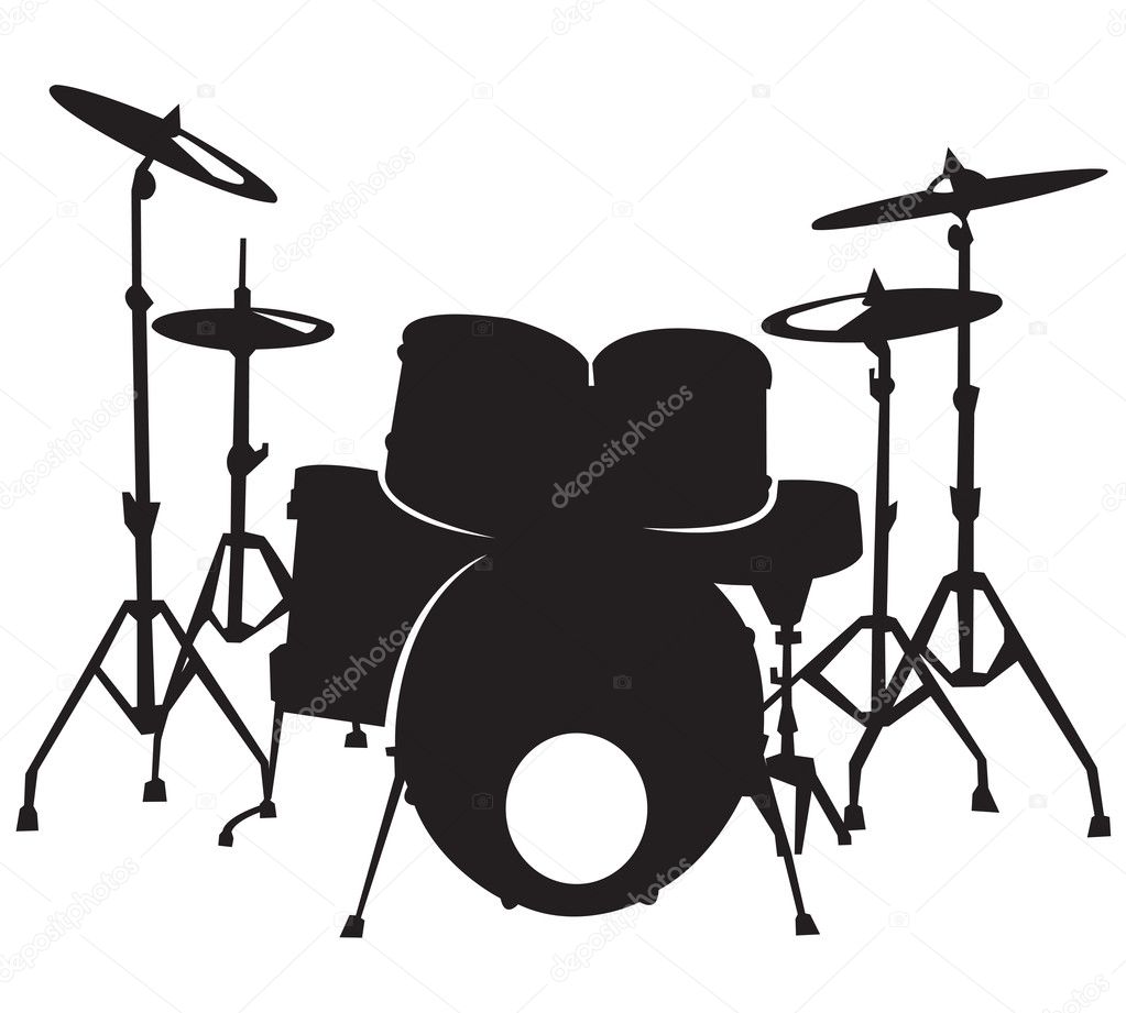 Black silhuette of the drum set, isolated on white background