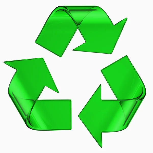 Reciclar símbolo em vidro verde — Fotografia de Stock