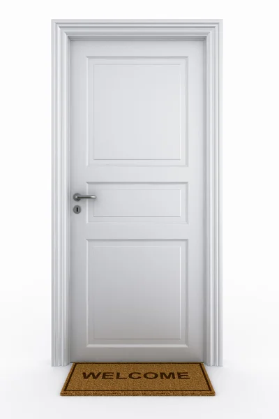 Κλειστή πόρτα με το ευπρόσδεκτο χαλί — Φωτογραφία Αρχείου