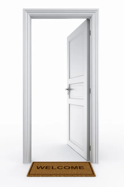 Porta aberta com tapete de boas-vindas — Fotografia de Stock