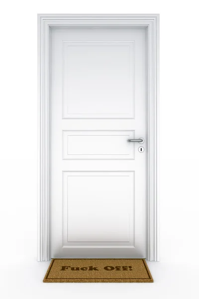 Door with "fuck off" doormat — Stock Photo, Image