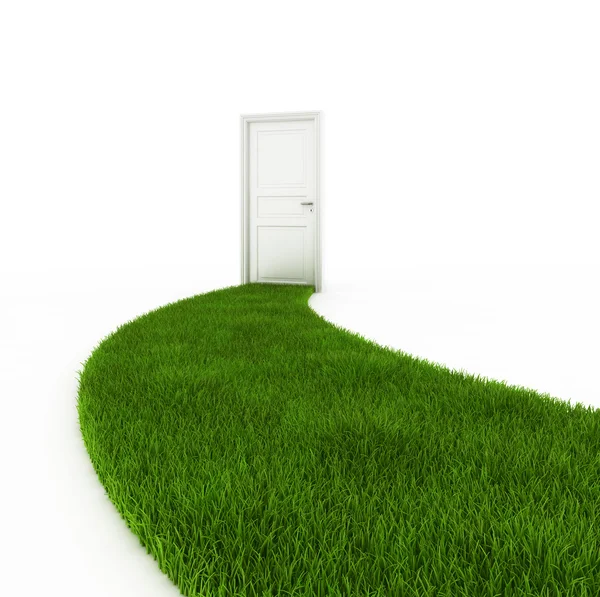 Gesloten deur met gras voetpad — Stockfoto