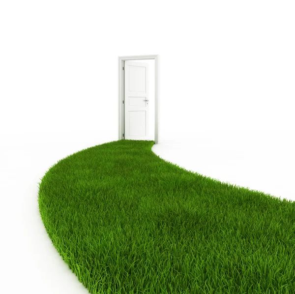 Otevřené dveře s trávou pěšina — Stock fotografie