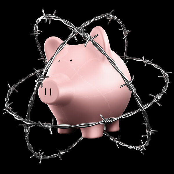 Piggybank wrapped in barbed wire