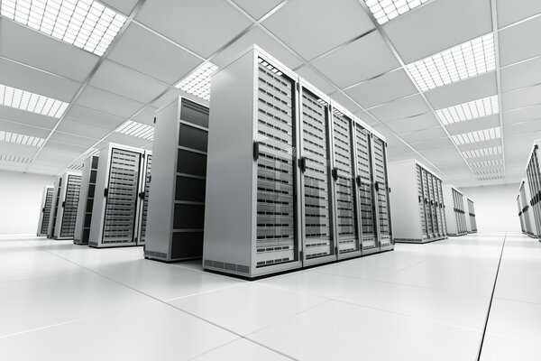 3d rendering of a server room with white servers