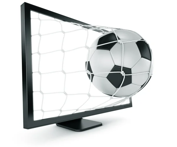 Bola de futebol saindo do monitor — Fotografia de Stock