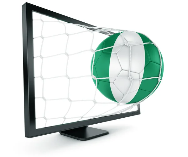 Bola de futebol saindo do monitor — Fotografia de Stock