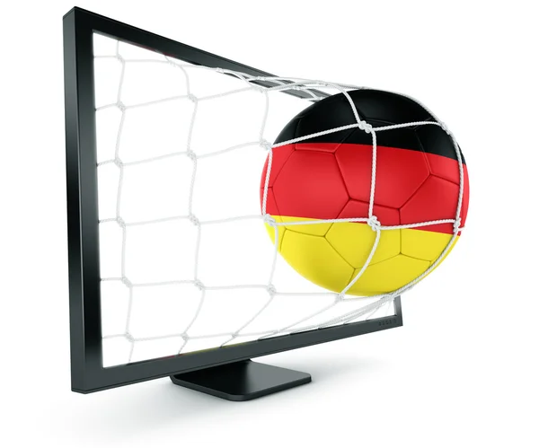 Soccer ball coming out of monitor — Stock Photo, Image
