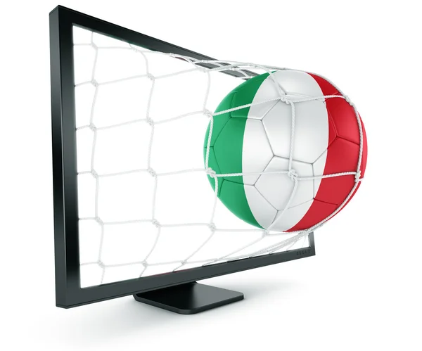 Pallone da calcio in uscita dal monitor — Foto Stock