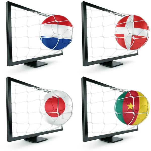 Voetbal coming out van monitor — Stockfoto