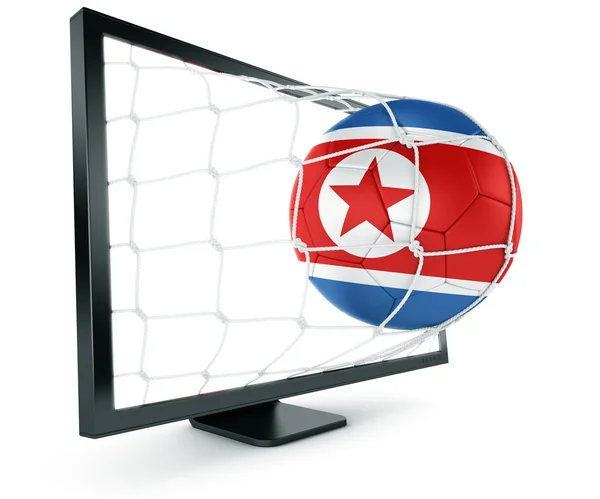 Bola de futebol saindo do monitor — Fotografia de Stock