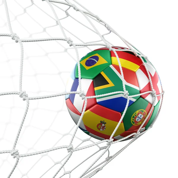 ネットでフラグを持つ soccerball — ストック写真