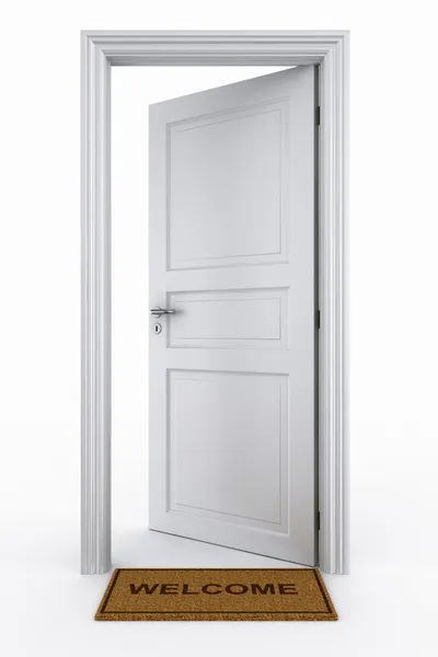 Open door with welcome mat — Stock Photo, Image