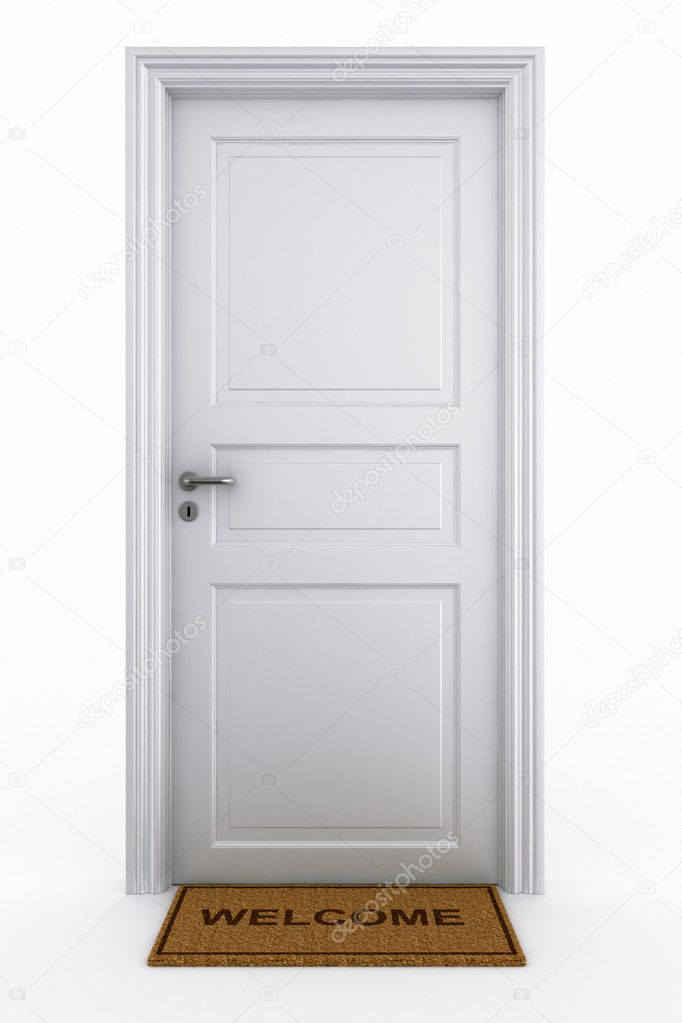 Closed door with welcome mat