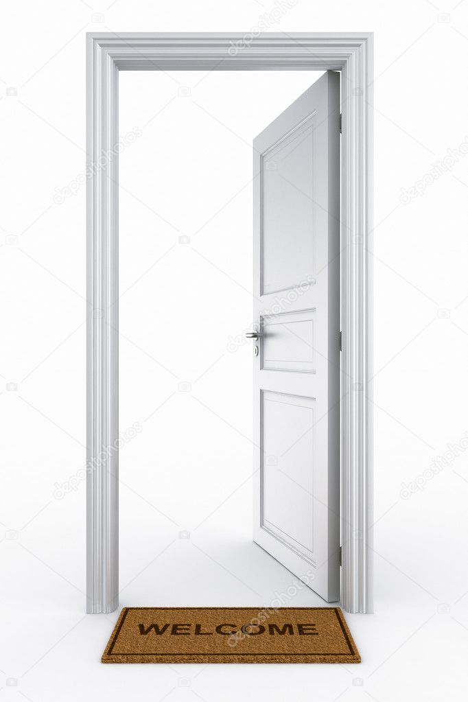 Open door with welcome mat