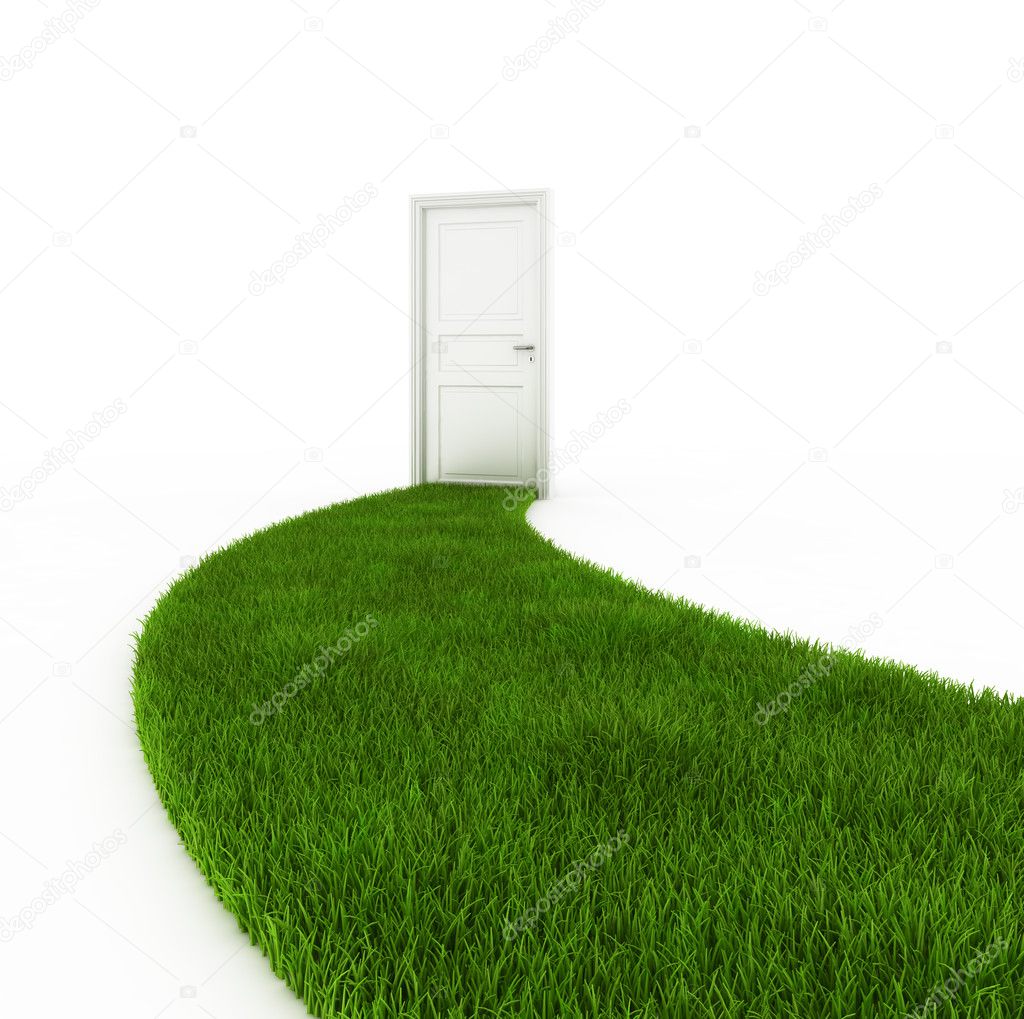 Closed door with grass footpath