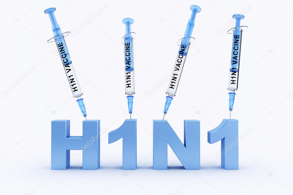 3d rendering of a h1n1 logo with 4 syringes ontop with 