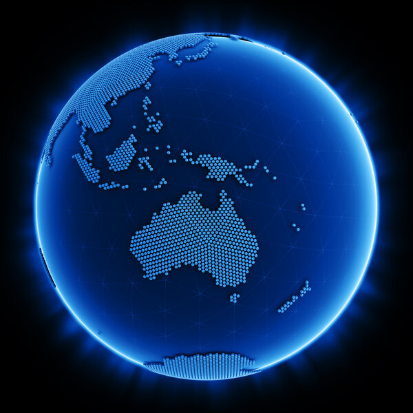 3d rendering of a blue planet made out of hexagons showing Australia
