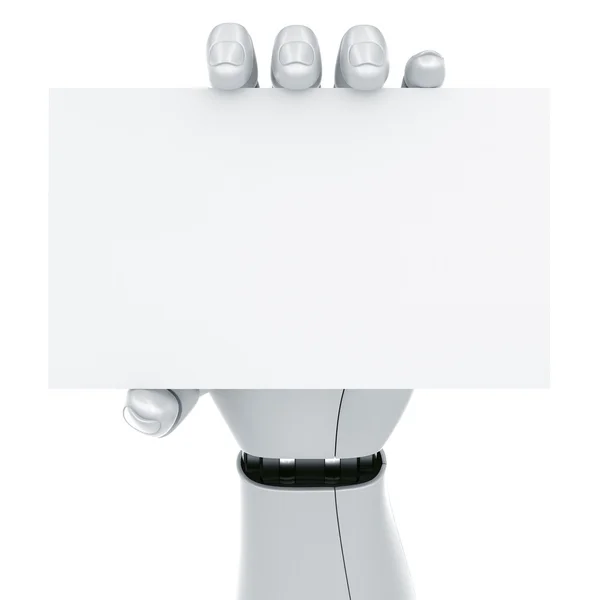 Mano de robot sosteniendo un signo en blanco Imagen de stock