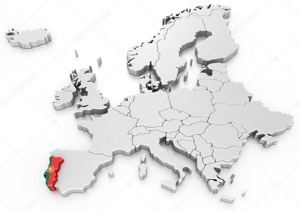 Renderização 3d do mapa da europa, portugal com bandeira
