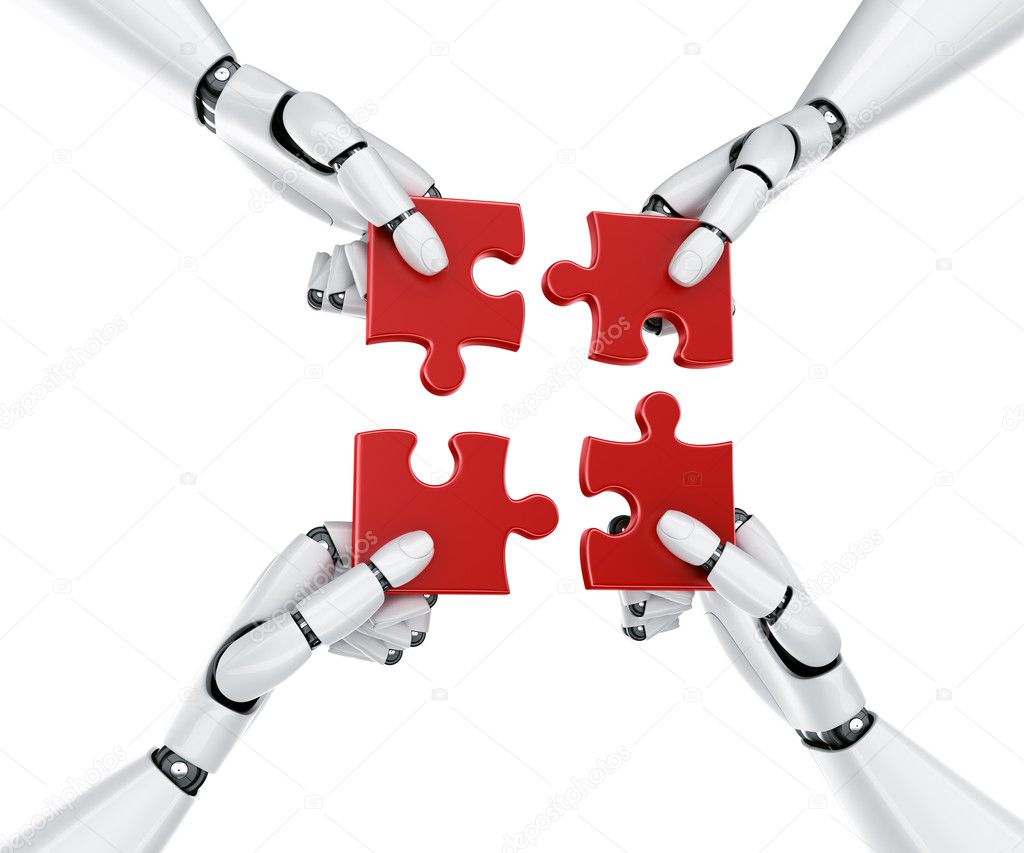 Robot hands with puzzle pieces