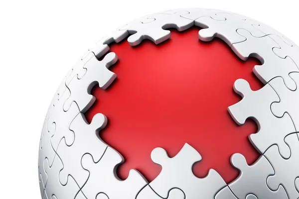 Esfera de puzzle com vermelho um núcleo vermelho — Fotografia de Stock