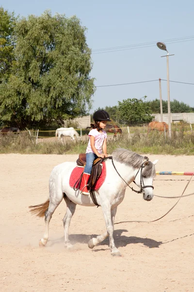 Menina tomando aulas de equitação a cavalo — Fotografia de Stock