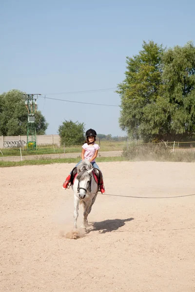 Menina tomando aulas de equitação a cavalo — Fotografia de Stock