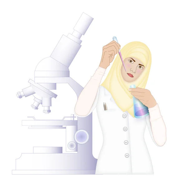 Scientist with hajib and microscope — Stock Vector