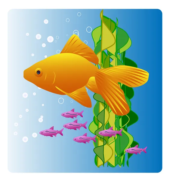 stock vector Bright goldfish with tiny purple fish