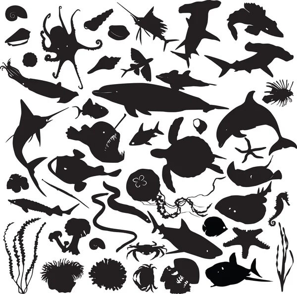 Set of silhouettes of marine inhabitants — Stock Vector