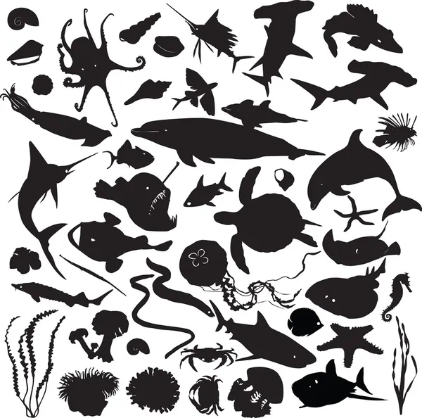 Ensemble de silhouettes d'habitants marins — Image vectorielle