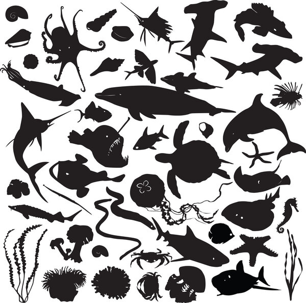 Set of silhouettes of marine inhabitants