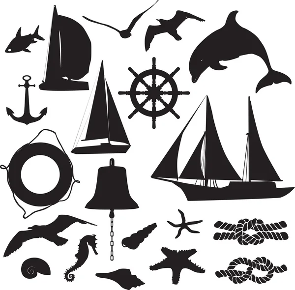 Conjunto de siluetas que simbolizan el ocio marino — Vector de stock