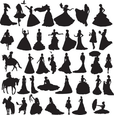 Many silhouettes of brides in different situations and dresses