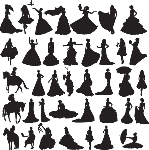 Many silhouettes of brides in different situations and dresses — Stock Vector