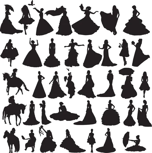 Багато силуетів наречених в різних ситуаціях і сукнях — стоковий вектор