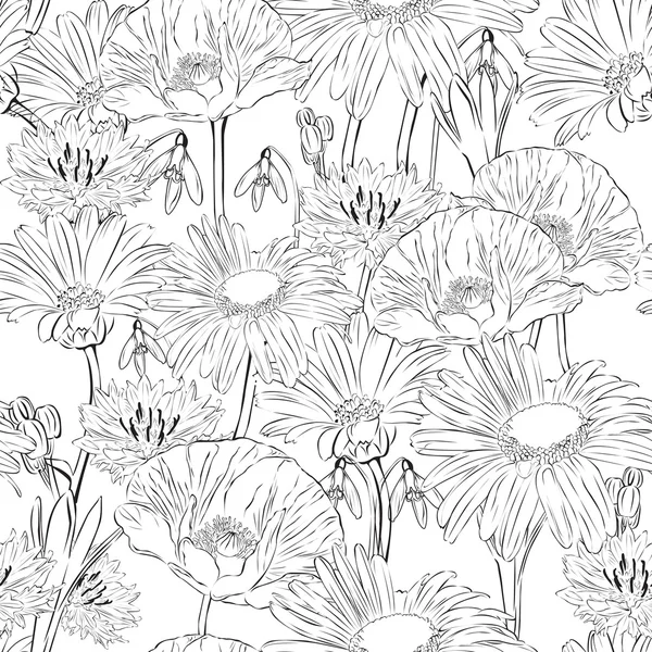 Floral naadloze zwarte en witte achtergrond — Stockvector