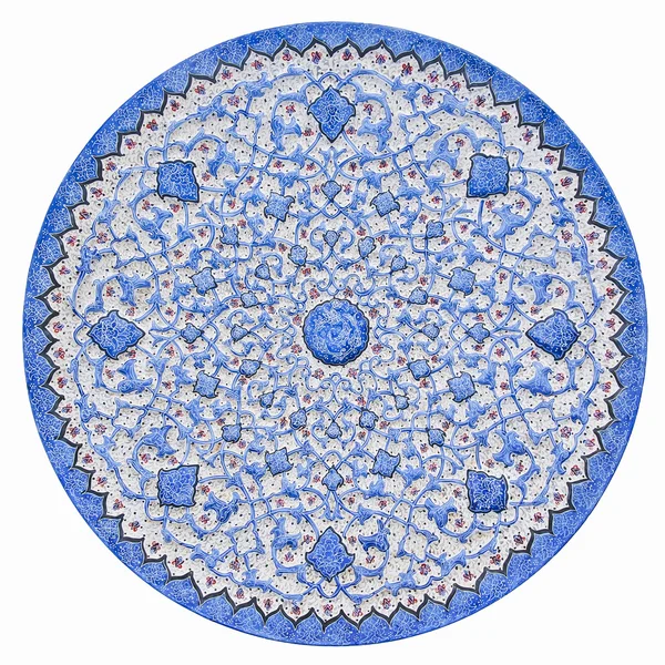 Vecchio modello persiano sul piatto in metallo smaltato timbrato . Foto Stock Royalty Free