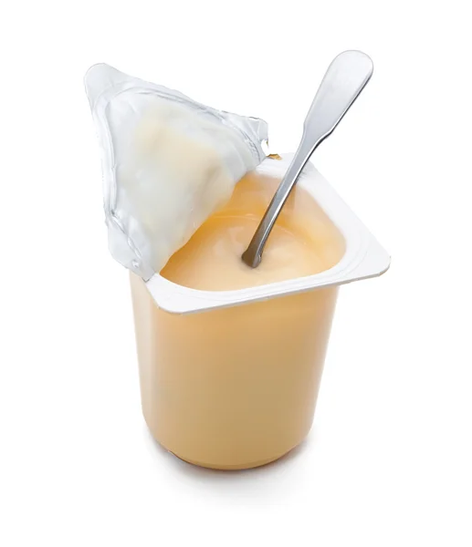 Kids yogurt with spoon — Stock Photo, Image