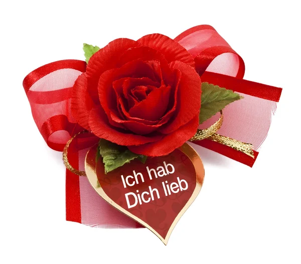Czerwona róża z karty ich hab dich lieb — Zdjęcie stockowe