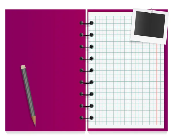 Bloc de notas violeta de trabajo con tarjeta de foto adjunta y lápiz — Archivo Imágenes Vectoriales