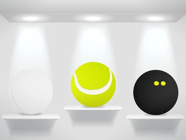Tre sport bollar på hyllor på väggen — Stock vektor