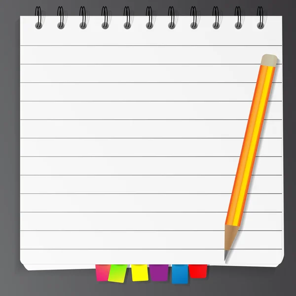Bokmärkt blad linjerat anteckningsblock och penna — Stock vektor